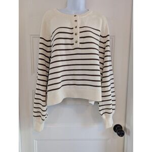 French Connection Mozart Striped Henley Sweater Cream Brown Cotton‎ Size L